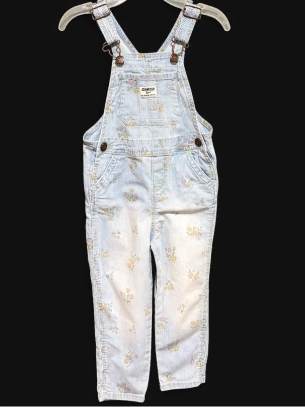 Vintage OshKosh B'gosh Light Blue Pinstripe Floral Overalls size 3t